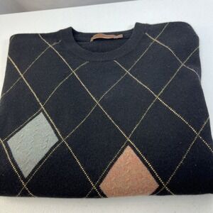 Raffi Men's 100% Cashmere Black Argyle Pullover Preppy Sweater Size XL